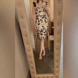 Lulu's Cream Cocktail Dress with Blue and Black Floral Embroidery